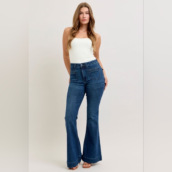 Judy Blue Denim - Judy Blue HR Dark Wash Classic Flare Jeans Welt Pockets Trouser Various NEW